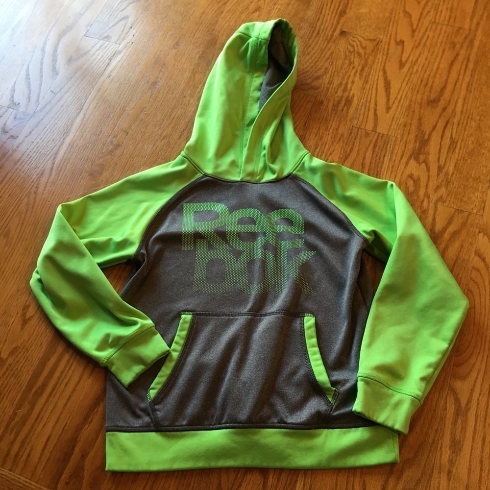 Green/grey Reebok sweatshirt, hooded front pocket good condition
